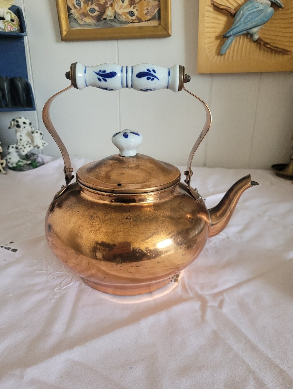 Vintage Copper Tea Kettle with Porcelain Handle and Lid Knob - Picture 7 of 12